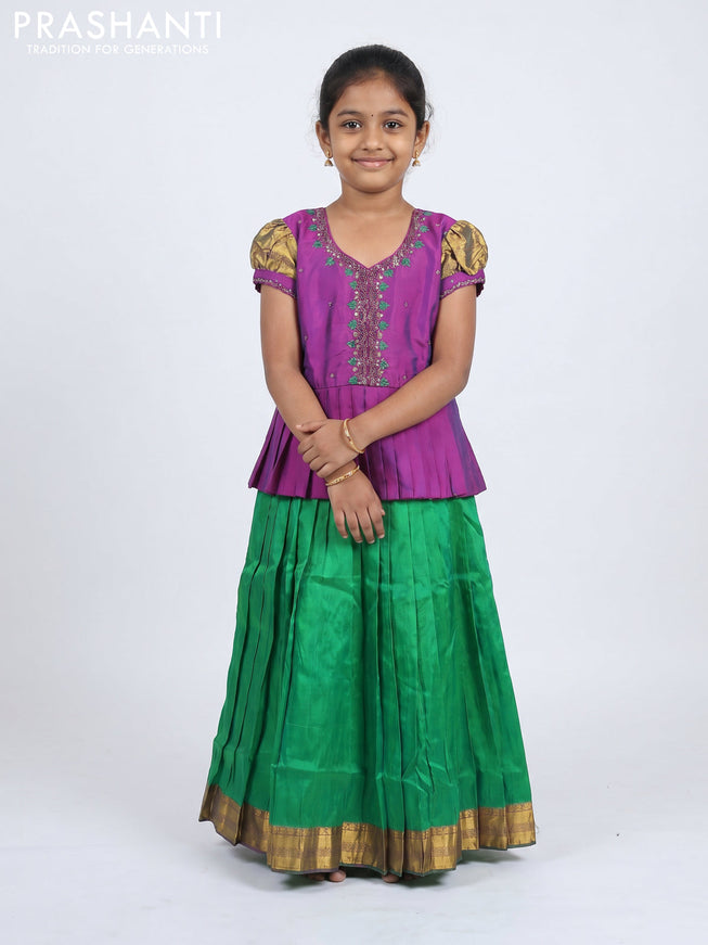 Pure silk kids Lehenga purple and green with embroidery neck pattern and puff sleeve