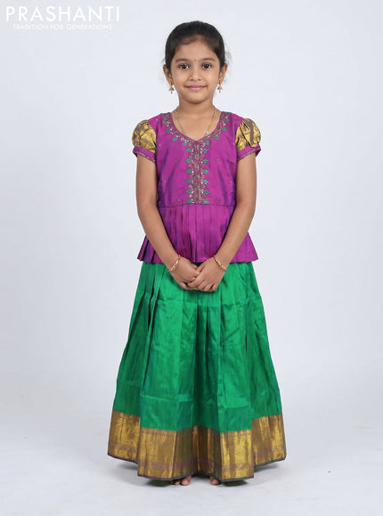 Pure silk kids Lehenga purple and green with embroidery neck pattern and puff sleeve