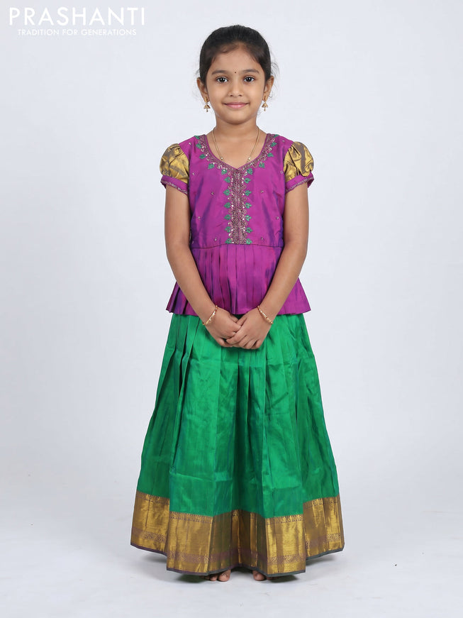 Pure silk kids Lehenga purple and green with embroidery neck pattern and puff sleeve