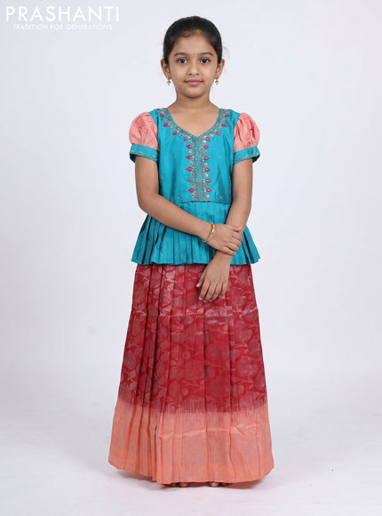 Pure silk kids Lehenga teal blue and red with embroidery neck pattern and puff sleeve