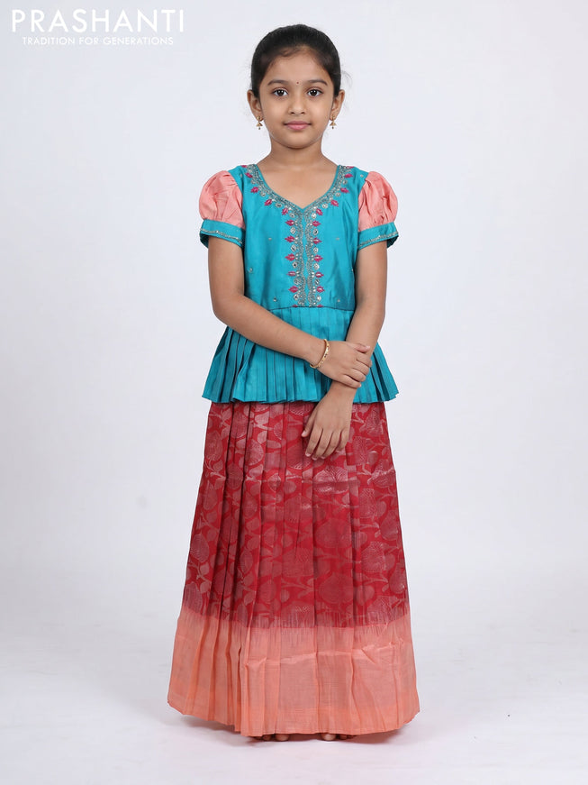 Pure silk kids Lehenga teal blue and red with embroidery neck pattern and puff sleeve