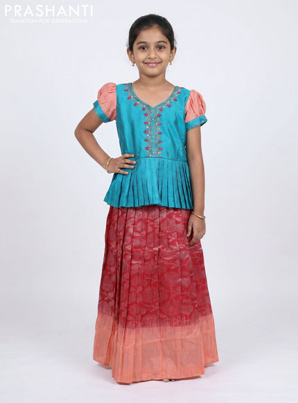 Pure silk kids Lehenga teal blue and red with embroidery neck pattern and puff sleeve