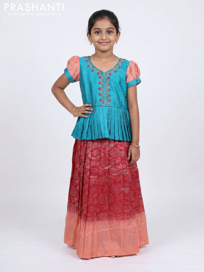Pure silk kids Lehenga teal blue and red with embroidery neck pattern and puff sleeve