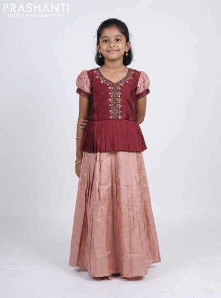 Pure silk kids Lehenga maroon and pastel peach with embroidery neck pattern and puff sleeve