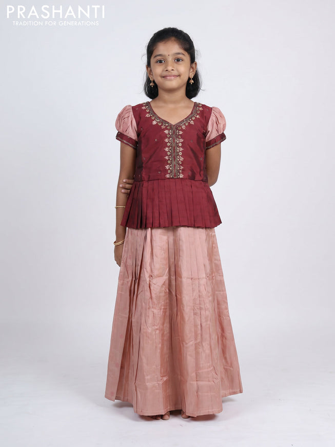Pure silk kids Lehenga maroon and pastel peach with embroidery neck pattern and puff sleeve