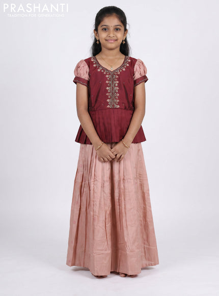 Pure silk kids Lehenga maroon and pastel peach with embroidery neck pattern and puff sleeve