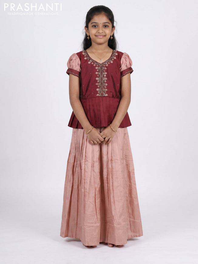 Pure silk kids Lehenga maroon and pastel peach with embroidery neck pattern and puff sleeve