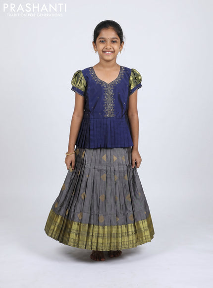 Pure silk kids Lehenga navy blue and grey with embroidery neck pattern and puff sleeve