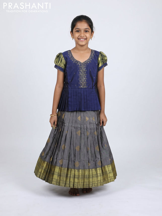 Pure silk kids Lehenga navy blue and grey with embroidery neck pattern and puff sleeve