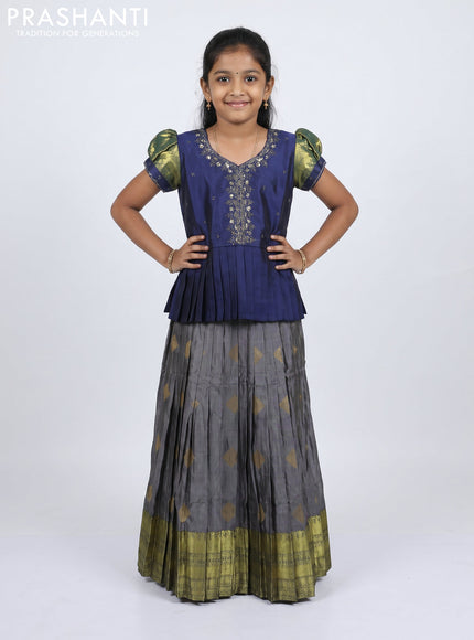 Pure silk kids Lehenga navy blue and grey with embroidery neck pattern and puff sleeve