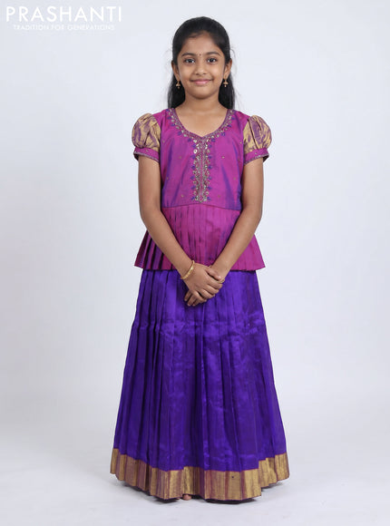 Pure silk kids Lehenga purple and violet with embroidery neck pattern and puff sleeve