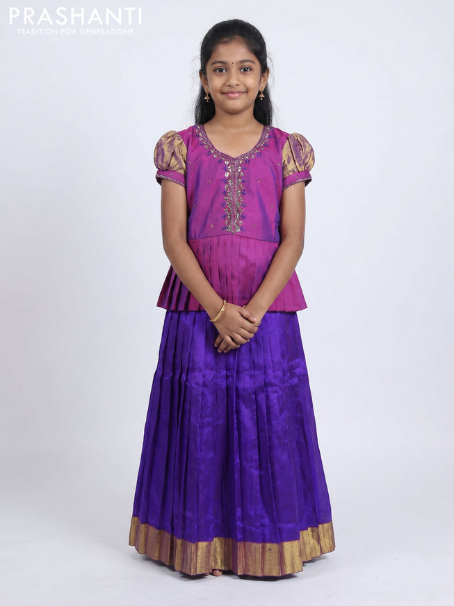 Pure silk kids Lehenga purple and violet with embroidery neck pattern and puff sleeve