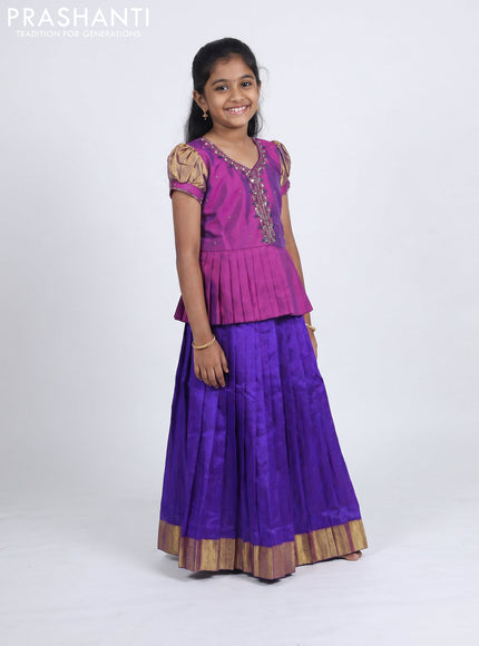 Pure silk kids Lehenga purple and violet with embroidery neck pattern and puff sleeve