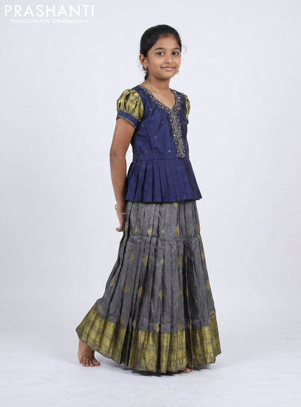 Pure silk kids Lehenga navy blue and grey with embroidery neck pattern and puff sleeve