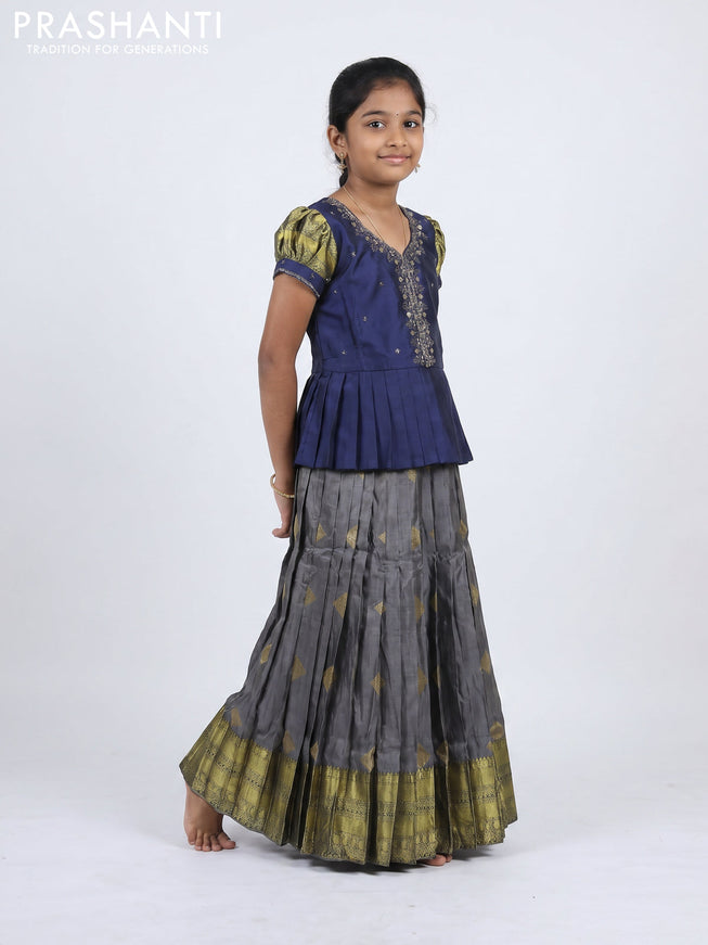 Pure silk kids Lehenga navy blue and grey with embroidery neck pattern and puff sleeve