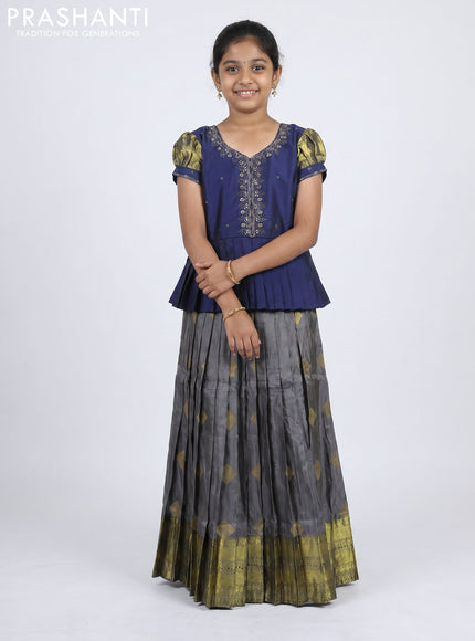 Pure silk kids Lehenga navy blue and grey with embroidery neck pattern and puff sleeve
