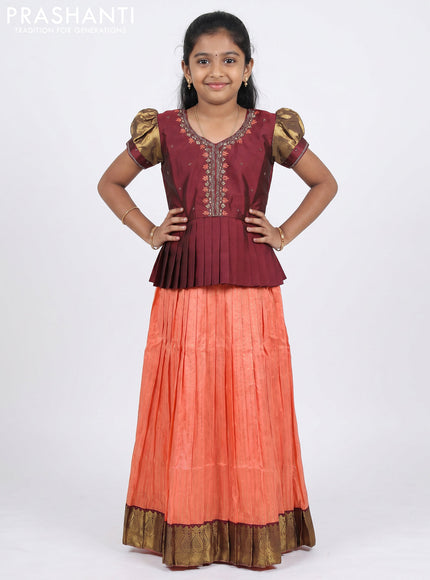 Pure silk kids Lehenga maroon and peach orange with embroidery neck pattern and puff sleeve