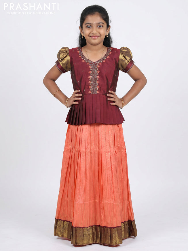 Pure silk kids Lehenga maroon and peach orange with embroidery neck pattern and puff sleeve
