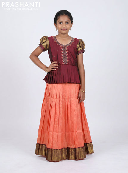 Pure silk kids Lehenga maroon and peach orange with embroidery neck pattern and puff sleeve