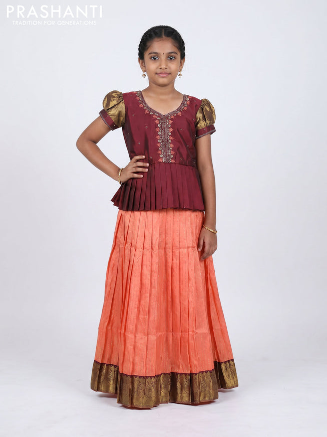 Pure silk kids Lehenga maroon and peach orange with embroidery neck pattern and puff sleeve
