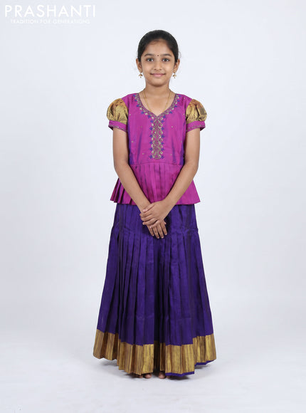Pure silk kids Lehenga purple and dark blue with embroidery neck pattern and puff sleeve