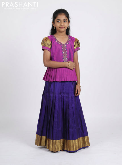 Pure silk kids Lehenga purple and dark blue with embroidery neck pattern and puff sleeve