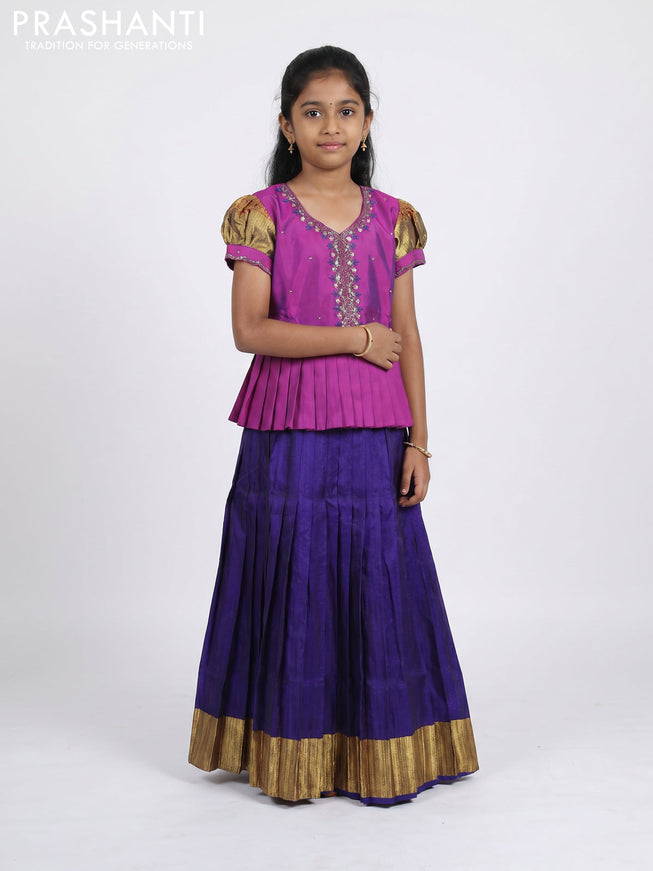 Pure silk kids Lehenga purple and dark blue with embroidery neck pattern and puff sleeve