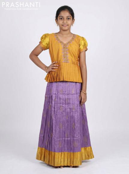 Pure silk kids Lehenga dark mustard and lilac with embroidery neck pattern and puff sleeve
