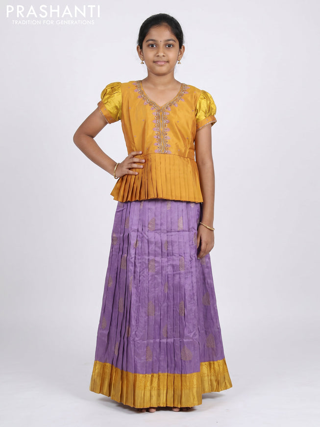 Pure silk kids Lehenga dark mustard and lilac with embroidery neck pattern and puff sleeve