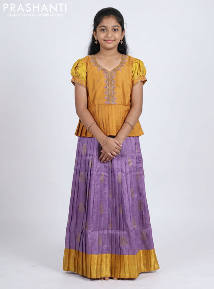 Pure silk kids Lehenga dark mustard and lilac with embroidery neck pattern and puff sleeve