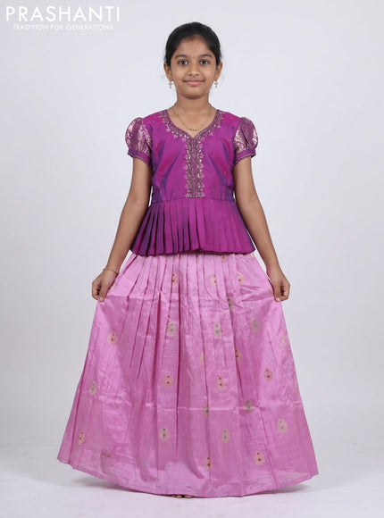 Pure silk kids Lehenga purple and lotus pink with embroidery neck pattern and puff sleeve