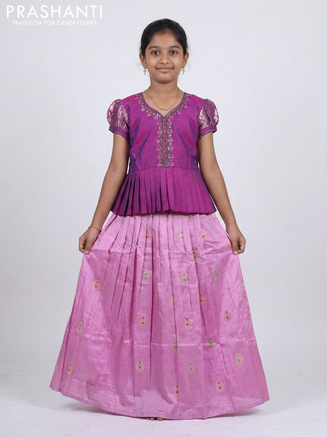 Pure silk kids Lehenga purple and lotus pink with embroidery neck pattern and puff sleeve