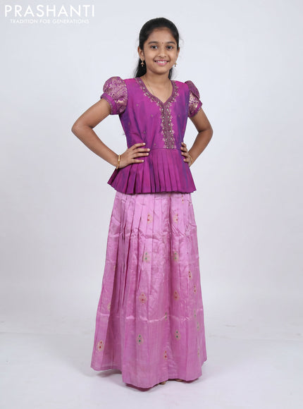 Pure silk kids Lehenga purple and lotus pink with embroidery neck pattern and puff sleeve