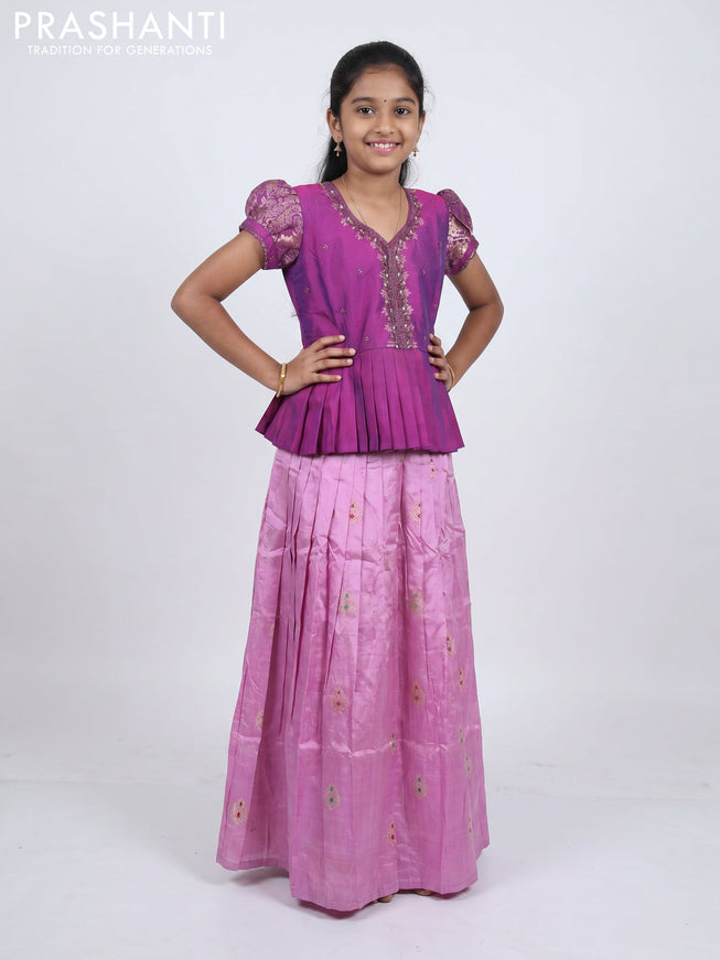 Pure silk kids Lehenga purple and lotus pink with embroidery neck pattern and puff sleeve