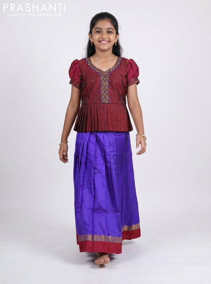 Pure silk kids Lehenga maroon and violet with embroidery neck pattern and puff sleeve