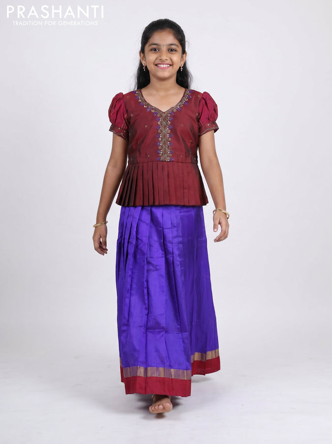 Pure silk kids Lehenga maroon and violet with embroidery neck pattern and puff sleeve