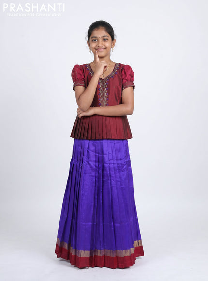 Pure silk kids Lehenga maroon and violet with embroidery neck pattern and puff sleeve