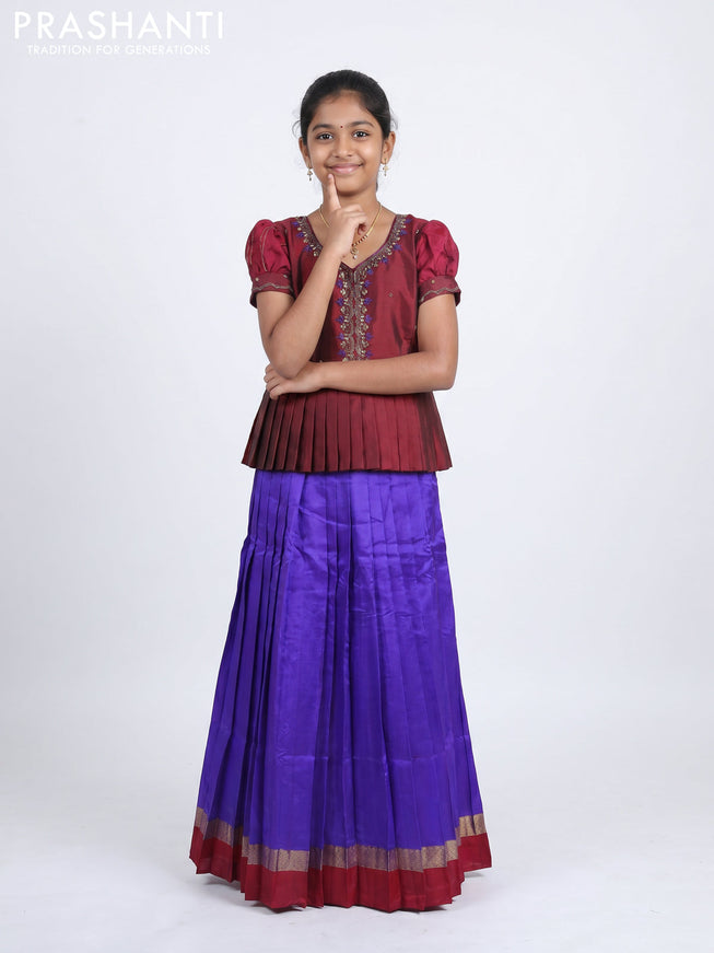Pure silk kids Lehenga maroon and violet with embroidery neck pattern and puff sleeve