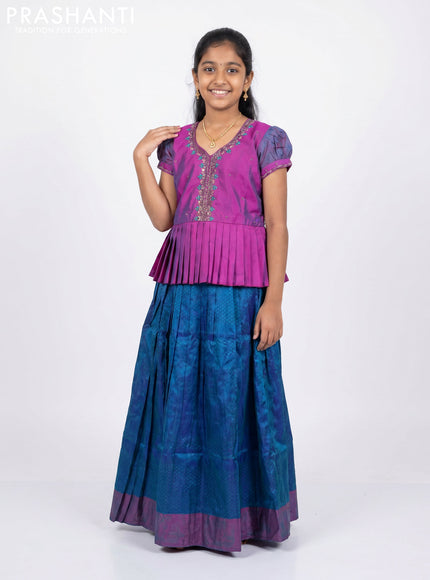 Pure silk kids Lehenga purple and dual tone peacock green with embroidery neck pattern and puff sleeve