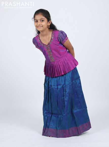 Pure silk kids Lehenga purple and dual tone peacock green with embroidery neck pattern and puff sleeve