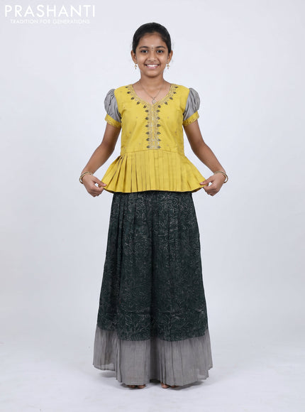 Pure silk kids Lehenga yellow and bottle green with embroidery neck pattern and puff sleeve