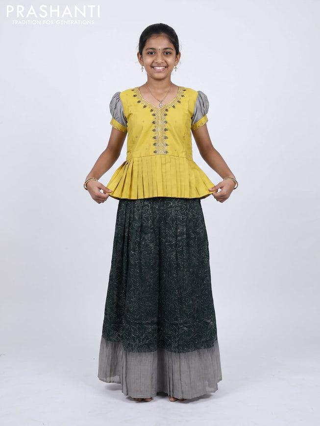 Pure silk kids Lehenga yellow and bottle green with embroidery neck pattern and puff sleeve