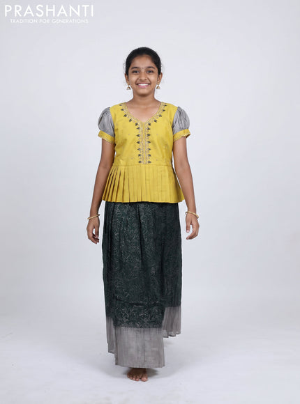 Pure silk kids Lehenga yellow and bottle green with embroidery neck pattern and puff sleeve