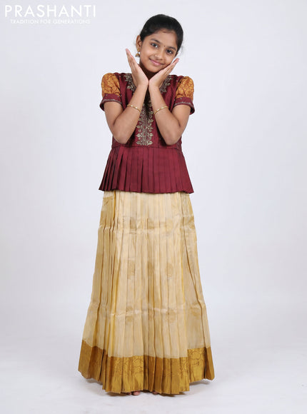 Pure silk kids Lehenga maroon and cream with embroidery neck pattern and puff sleeve