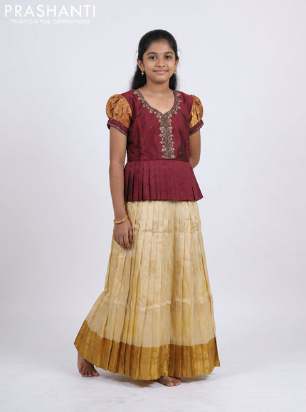 Pure silk kids Lehenga maroon and cream with embroidery neck pattern and puff sleeve