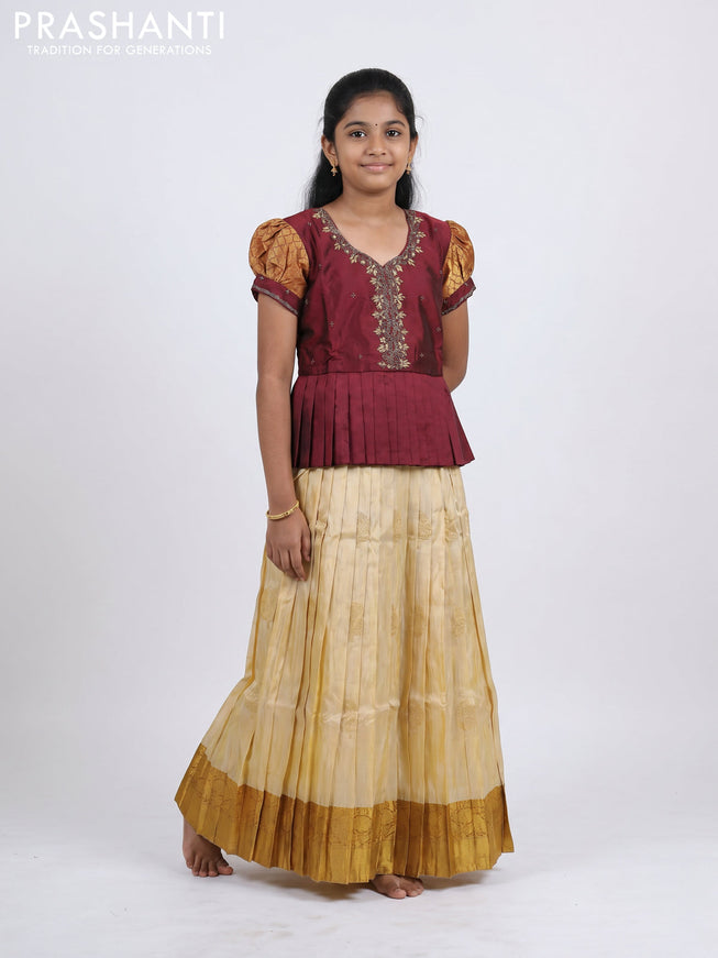Pure silk kids Lehenga maroon and cream with embroidery neck pattern and puff sleeve