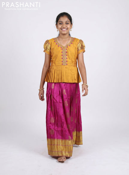 Pure silk kids Lehenga mustard yellow and dark magenta pink with embroidery neck pattern and puff sleeve