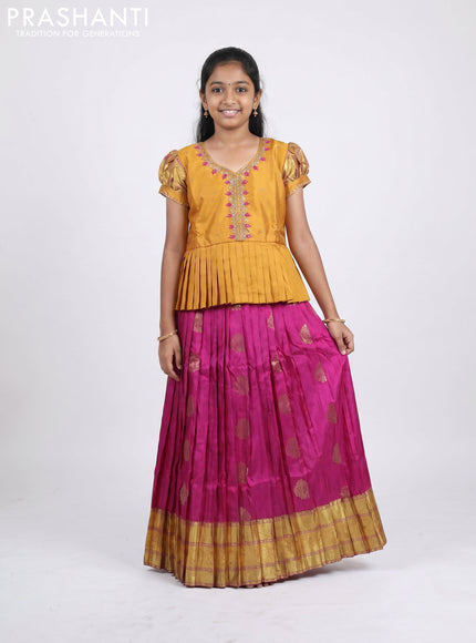 Pure silk kids Lehenga mustard yellow and dark magenta pink with embroidery neck pattern and puff sleeve