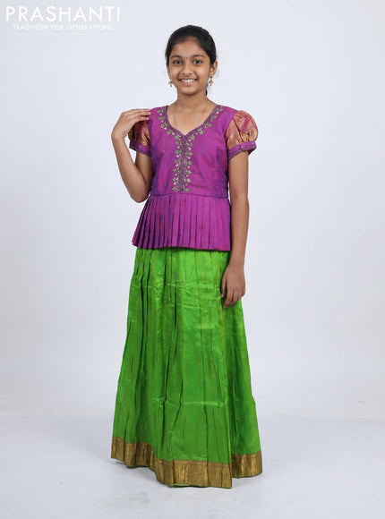 Pure silk kids Lehenga purple and parrot green with embroidery neck pattern and puff sleeve