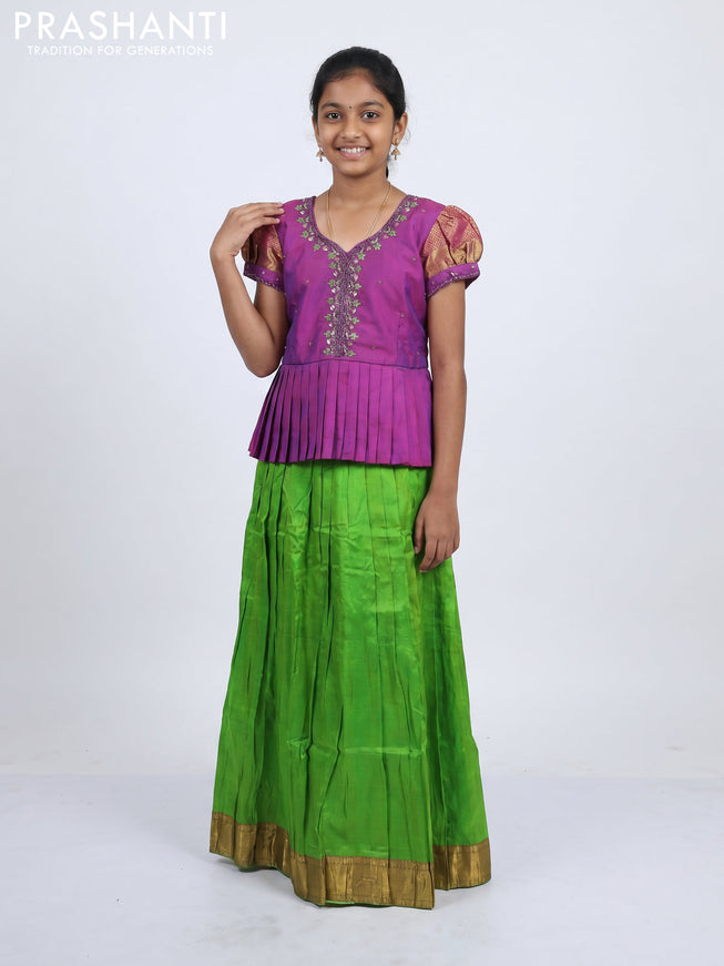 Pure silk kids Lehenga purple and parrot green with embroidery neck pattern and puff sleeve